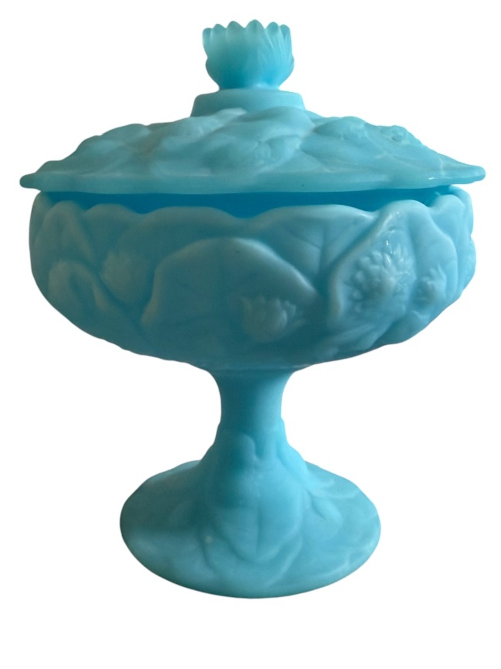 Vintage Fenton Blue Satin Glass Water Lilies Covered Compote Candy Dish
